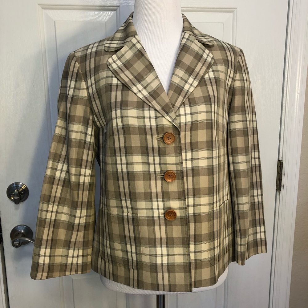 Talbots tan/cream/black plaid blazer, size 4
